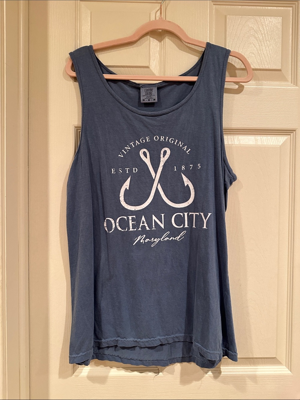 Comfort Colors Blue Ocean City Tank Top with White Graphic